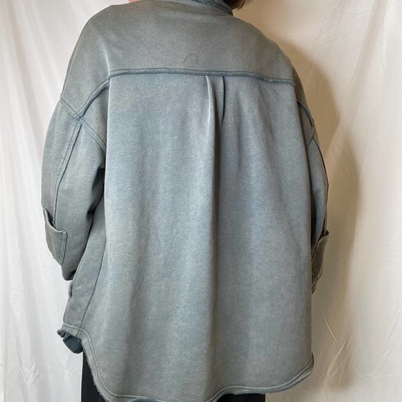 Pol French terry oversized shacket jacket green button front vintage wash faded - Picture 11 of 16